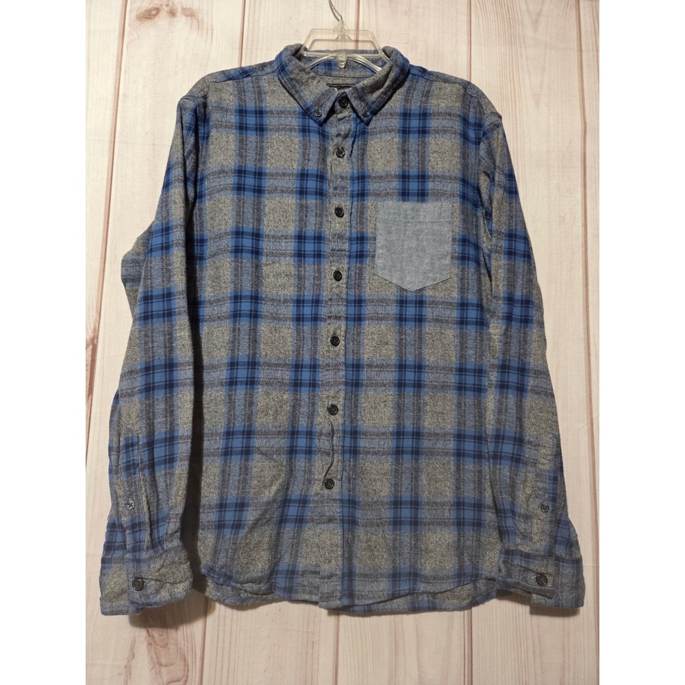 Retrofit Mens Blue Grey Plaid Flannel Button Down‎ Shirt Large Contrast Pocket